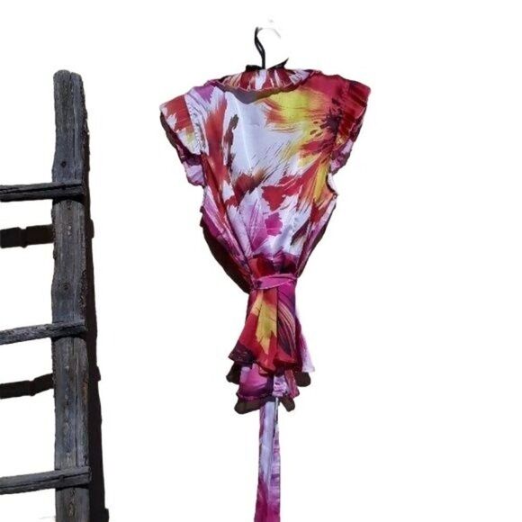 Fiery Tropical Ruffle Pleated Cap Sleeve Deep Scoop Tie Waist Top Sz PL - Picture 4 of 9